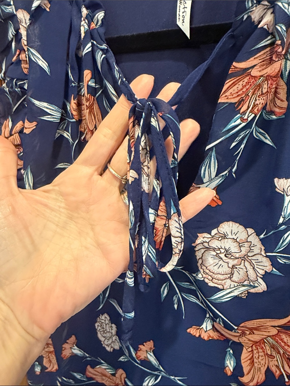 NY Collection Blue Floral Ruffle Sleeve Tie-Neck Blouse - Picture 5 of 7